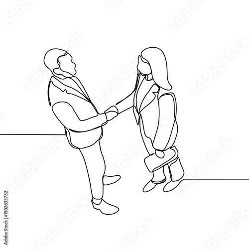 One line drawing of young business partner meeting and shaking their hands to deal a contract. Continuous line drawing of business concept. Vector illustration design.