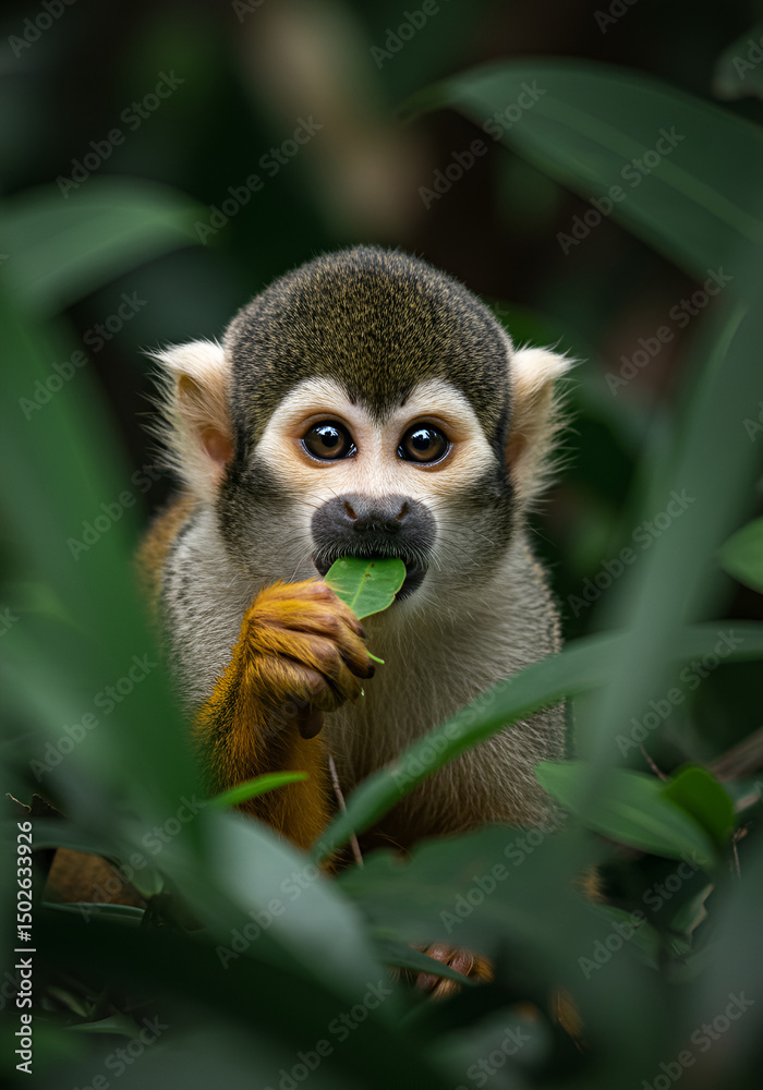 Obraz premium Curious monkey eating leaf