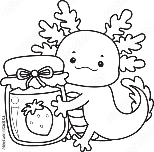 Outline of Illustration of cute axolotl activities icon.
Lineart of Funny pink axolotl in daily routine stickers.
