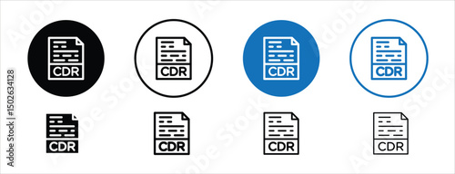 Set of colored pixel perfect CDR File Document Icon  with 1 unexpanded, 1 silhouette, File document icon showing CDR format used by CorelDRAW software.