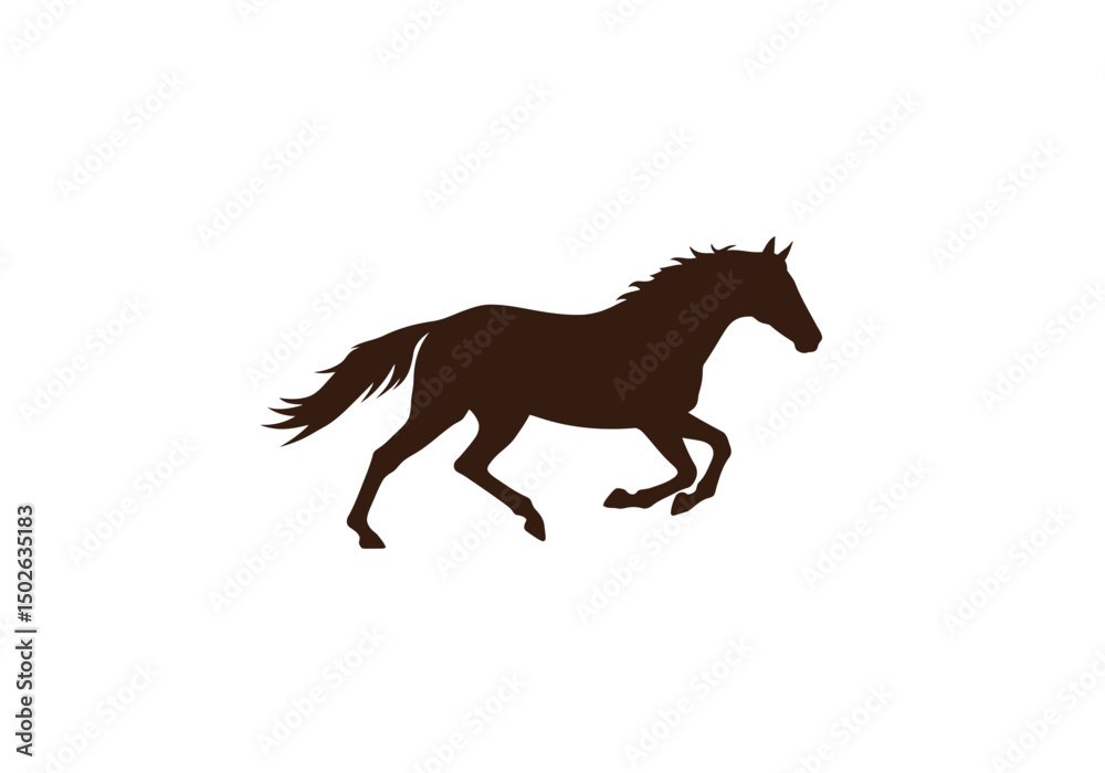 Fototapeta premium Horse running in full stride, flat vector logo, clean edges, dark brown and ivory tones.