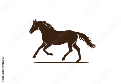 Horse running in full stride, flat vector logo, clean edges, dark brown and ivory tones.