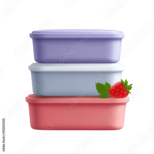 Three colorful rectangular food containers stacked with a strawberry and leaves placed on the bottom container.