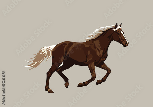 Horse running in full stride, flat vector logo, clean edges, dark brown and ivory tones.