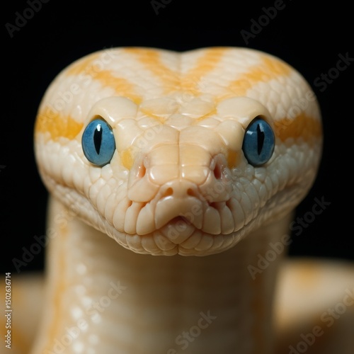 Close-up of albino burmese python with blue eyes on black background