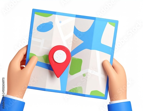 Cartoon Hands Holding Folded Map with Location Pin: A Playful, Colorful Illustration