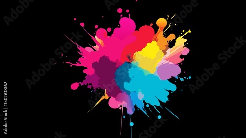 Islamic pattern - colorful paint explosion with pink yellow blue and purple on black background