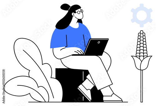 Woman with laptop sitting near plants and corn, symbolizing agricultural technology. Ideal for innovation, sustainability, farming, tech solutions, environment, growth productivity. Flat simple