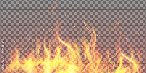 Translucent fire flames and sparks with horizontal repetition on transparent background. For used on dark illustrations. Transparency only in vector format