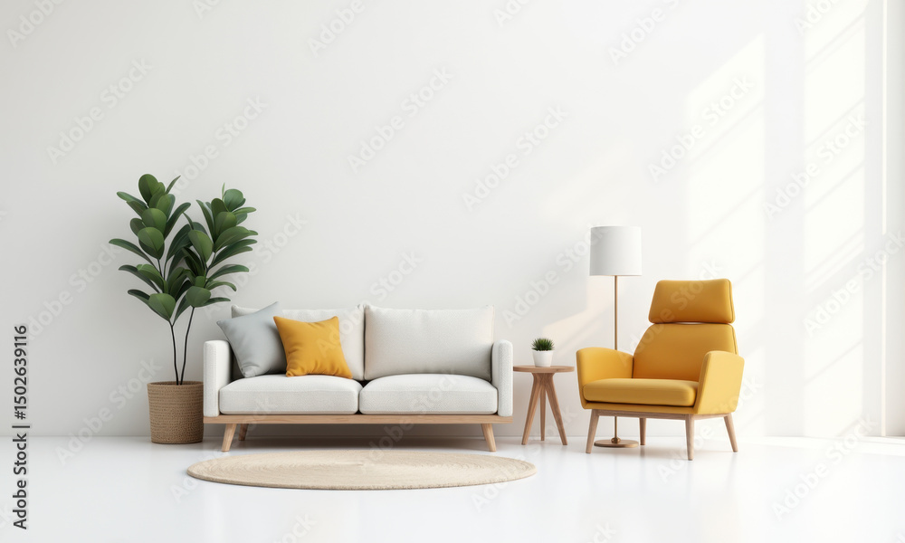 Modern Living Room, Yellow Accent Chair, Cozy - Minimalist design Modern Living Room, Yellow Accent Chair, Cozy - Minimalist design