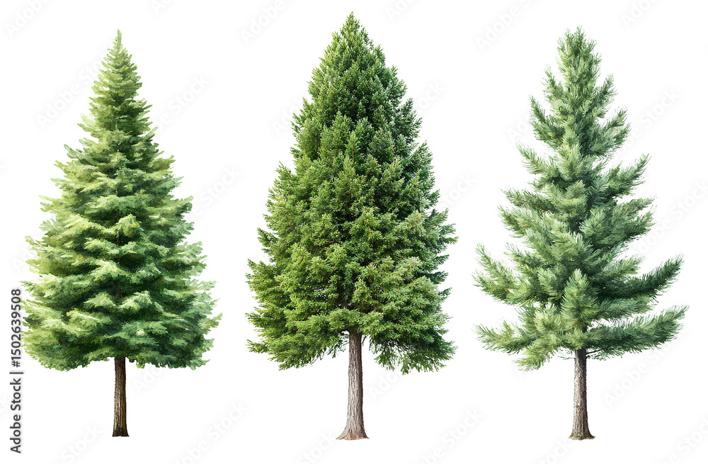 Fototapeta premium 5 different pine trees isolated on a transparent background, PNG file for cut-out elements.