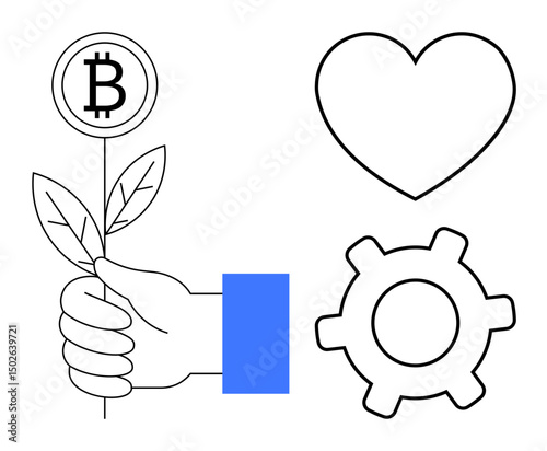 Hand holding a sprouting plant with bitcoin, heart, and gear. Ideal for cryptocurrency, growth, innovation, sustainability, technology values digital future. Flat simple metaphor