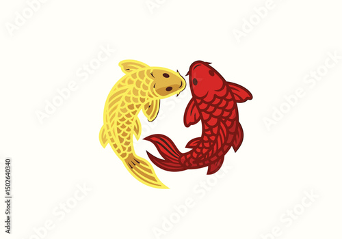 Stylized koi fish logo in yin-yang position, flat vector illustration, red and gold tones