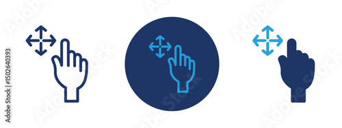 Set of colored pixel perfect Hand fingers gesture swipe rotate icon  with 1 unexpanded, 1 silhouette, Icon of a hand gesture showing swiping or rotating motion for touchscreen use.