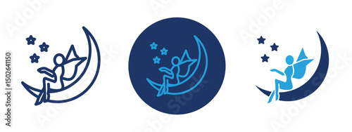 Set of colored pixel perfect fairy sitting on moon icon  with 1 unexpanded, 1 silhouette, Whimsical icon of a fairy sitting on a crescent moon, symbolizing fantasy and dreams.