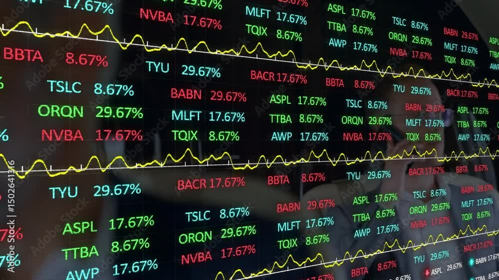 Colleagues leaning inspecting finance data on glass ticker updating percents and fluctuating lines