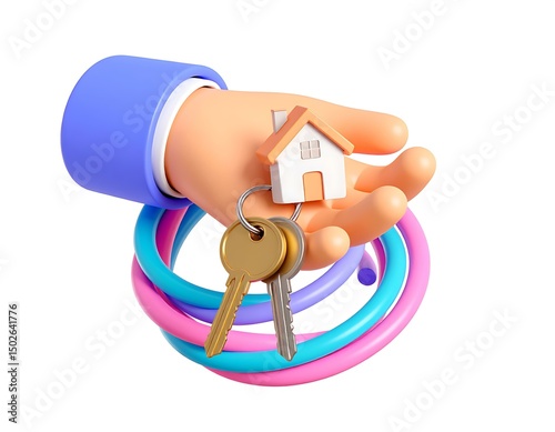 3D Cartoon Hand Holding House Keys with Colorful Rings