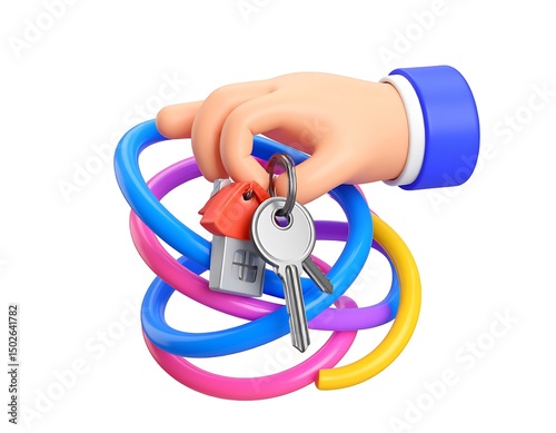 3D Cartoon Hand Holding House Keys with Colorful Rings