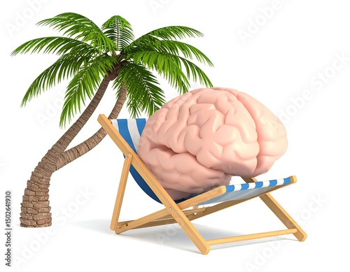 Relaxed Brain on Beach Chair Summer Vacation, Mind, Rest, Palm Tree