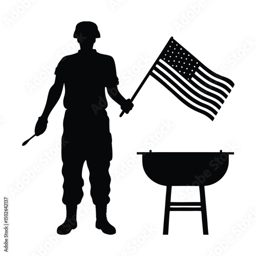 Soldier Grilling American Flag Silhouette.
