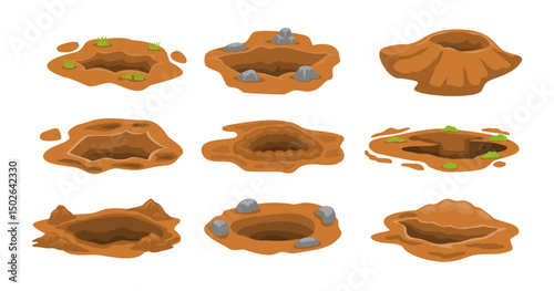 Set of ground holes set collection for garden landscape decoration, environment and land surface cartoon, Soil Cavities, Animal Burrows, Sinkholes, and Tunnels Natural Landscape.