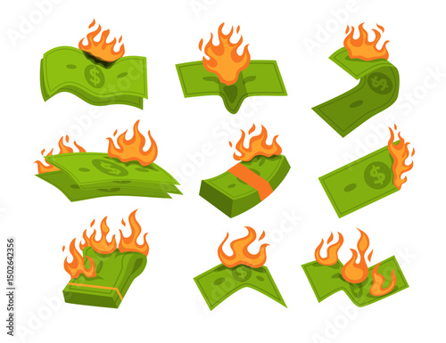 Set of Burning Money Set Collection, Burning Money Dollar Bill in Flame Illustration - Cash Fire Destruction, Financial Loss Concept, Wealth Waste or Protest, Isolated on White Background.