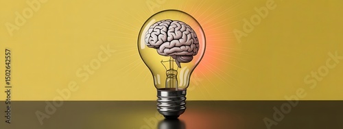 A brain encased in a light bulb, set against a bright yellow background, symbolizing creativity and innovation.
