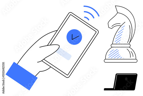 Hand holding phone with checkmark, chess knight symbolizing strategy, and laptop hinting productivity. Ideal for teamwork, decision-making, success, technology, planning, goal setting