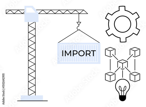 Crane hoisting import container, gear symbol for process optimization, blockchain grid, and light bulb for ideas. Ideal for logistics, innovation, industry, supply chain, trade solutions simple