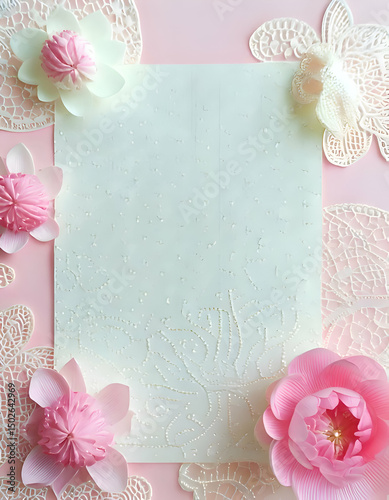A decorative flat lay featuring flowers and textured paper, ideal for invitations.