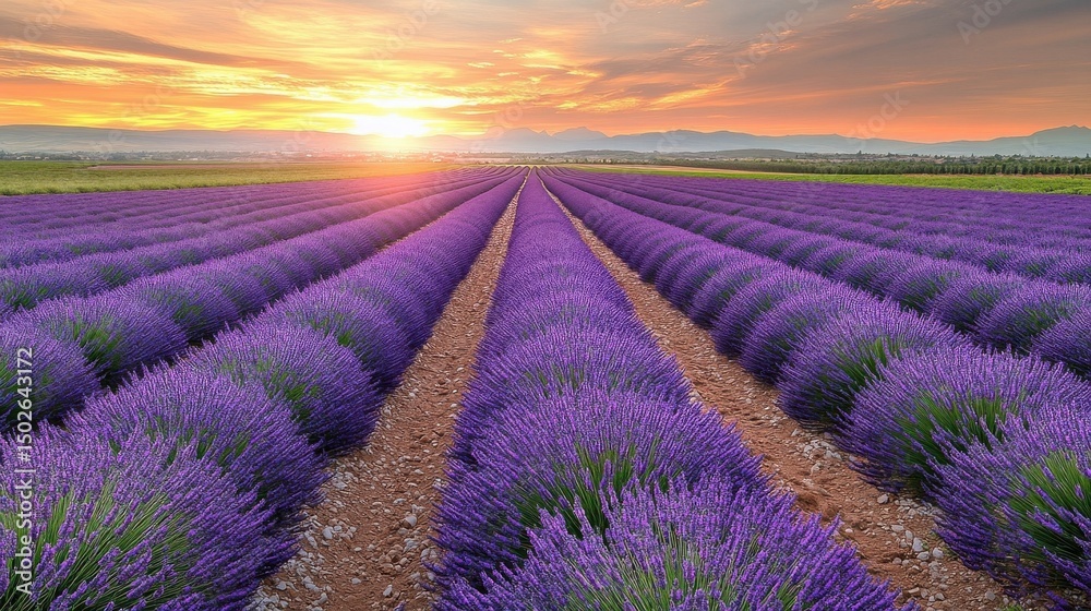 Fototapeta premium Scenic Lavender Field at Sunset with Rows of Purple Blooms and Warm Sunlight