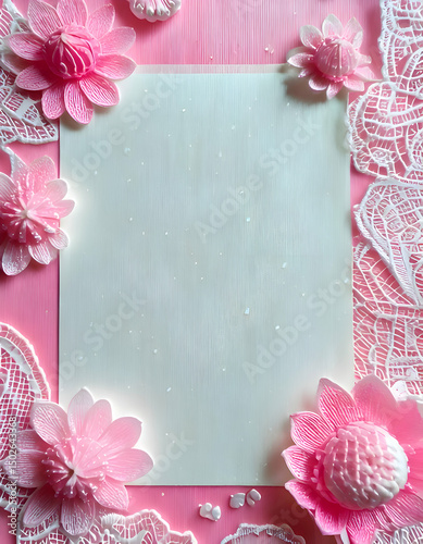 A decorative pink background with flowers and lace, perfect for invitations or stationery.