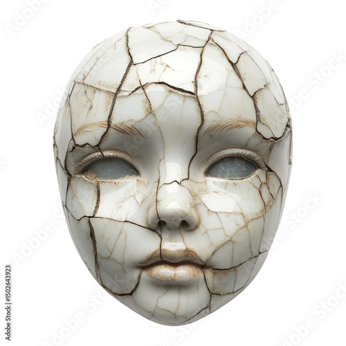 Cracked Ceramic Face Mask with Chipped Surface and Light Texture