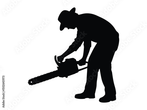 Silhouette of a lumberjack wearing a hat preparing to use a chainsaw on white background