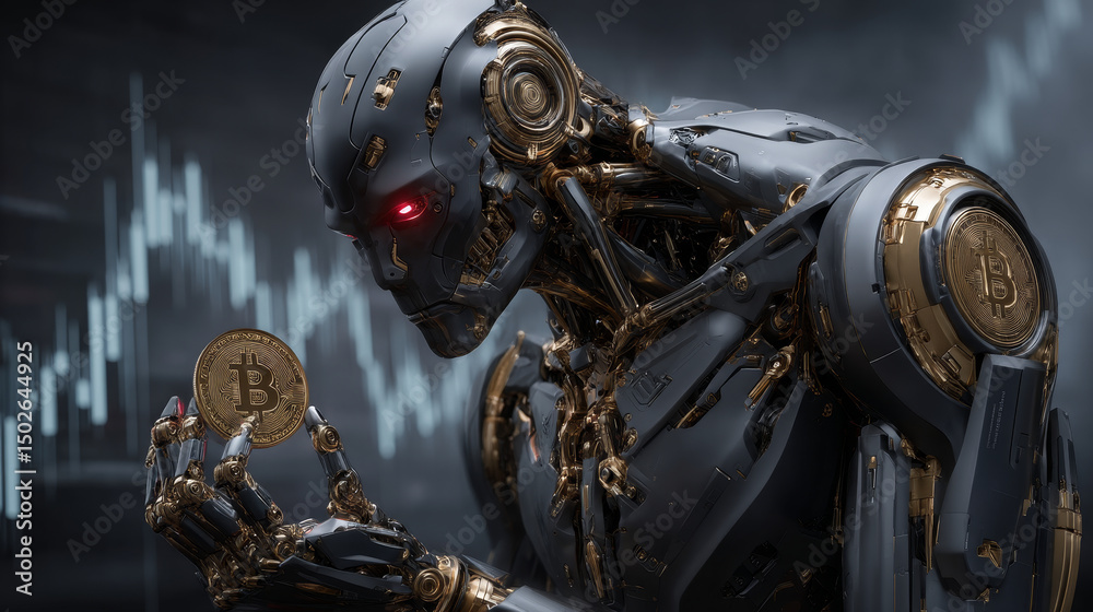 Fototapeta premium DeFi (decentralized finance), Hands of robot hold blockchain financial documents network, digital assets, cryptocurrency, and automated trading technology.