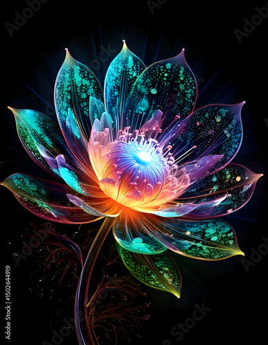 A vibrant, colorful lotus flower with intricate details against a dark background.