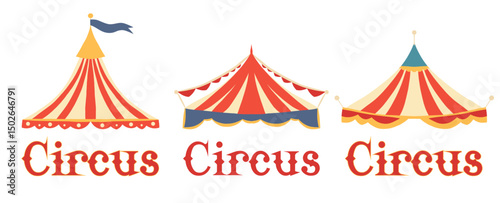 Vector circus tents with retro lettering. Flat vintage style with red, yellow, and blue accents
