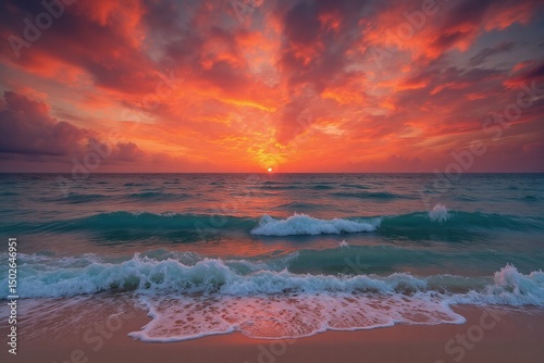 sunset over the ocean with waves crashing on the beach