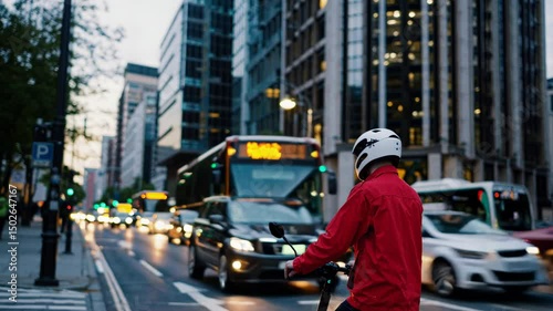 Wallpaper Mural Delivery professional navigating city street on electric scooter during evening rush hour, weaving through urban traffic with efficient, eco friendly mobility Torontodigital.ca