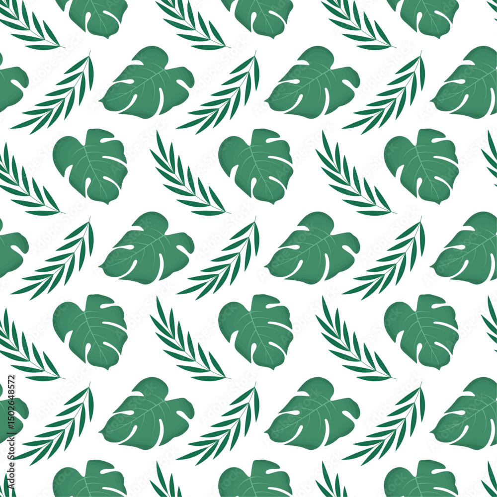 Seamless plant pattern for packaging and wrapping paper. Vector illustration. Green monstera and bamboo leaves on white background. Tropical print for gift bag. Ornament for wallpaper. Seamless plant pattern for packaging and wrapping paper. Vector illustration. Green monstera and bamboo leaves on white background. Tropical print for gift bag. Ornament for wallpaper.