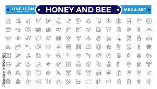 Honey and Bee icon for bees, dipper stick with organic liquid honey for breakfast dessert thin black outline symbols vector illustration. Honey products, apiary. Editable stroke outline icon.

