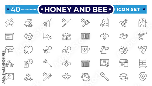 Honey and Bee icon for bees, dipper stick with organic liquid honey for breakfast dessert thin black outline symbols vector illustration. Honey products, apiary. Editable stroke outline icon.
