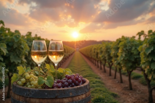 Two glasses of white wine sitting on top of a wooden barrel