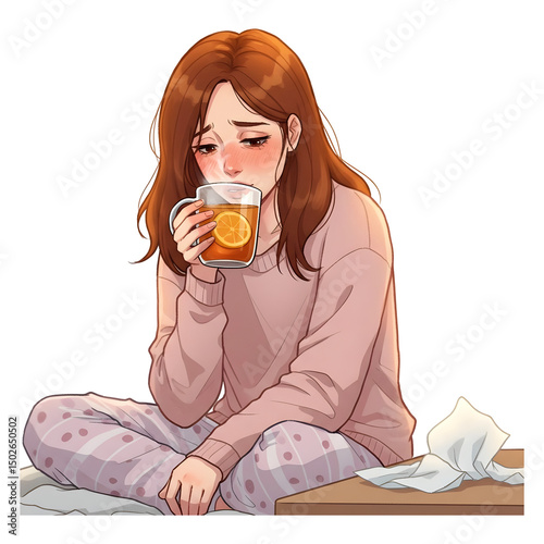 Ailing Woman Sipping Tea, Feeling Under the Weather