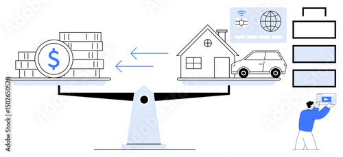 Scales compare money with a house and car, as a person evaluates values. Ideal for finance, economy, decision-making, investment, mortgage, insurance, budgeting simple landing page
