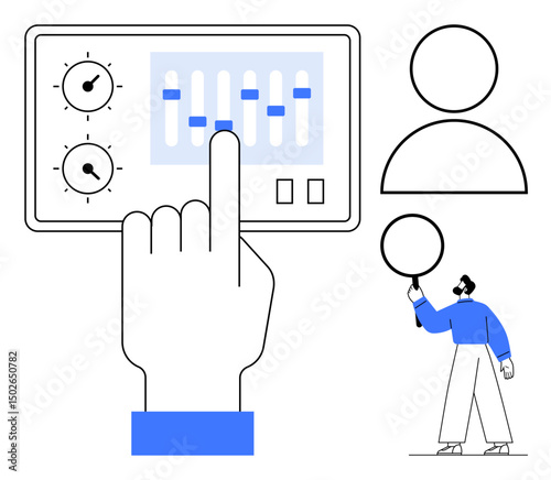 Hand operating sliders and dials on a settings panel, abstract human icons, a figure observing. Ideal for technology, creativity, interface design, media, customization, modern concepts simple