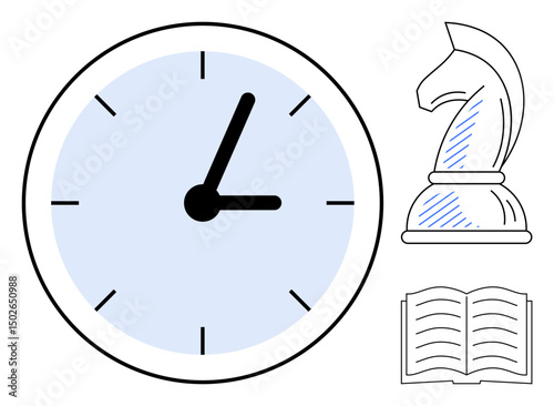 Wall clock with blue face, chess knight figurine, and open book highlight concepts of strategy, time management, and continuous learning. Ideal for education, planning, business, focus organization