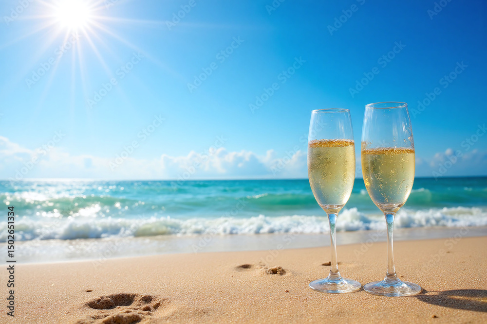 Two glasses of champagne on the beach with the sun in the background Two glasses of champagne on the beach with the sun in the background