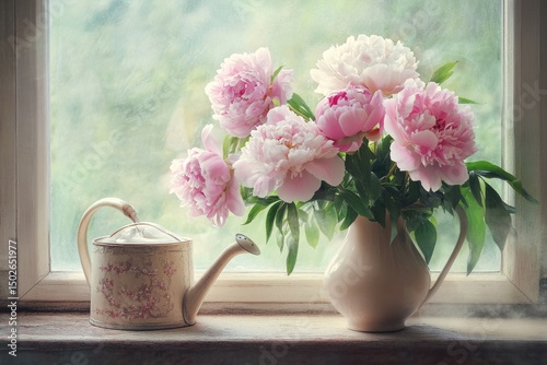 Fototapeta Naklejka Na Ścianę i Meble -  Pastel pink peonies in a cream pitcher on a windowsill, with a vintage watering can beside it.  Soft light filters through the window