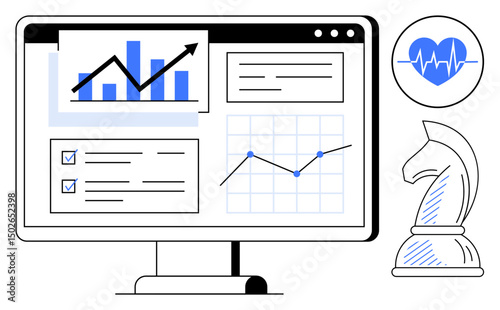Computer displaying charts, graphs, and task checklists, alongside a heart health icon and chess piece. Ideal for analysis, strategy, planning, health tracking, business insights decision-making